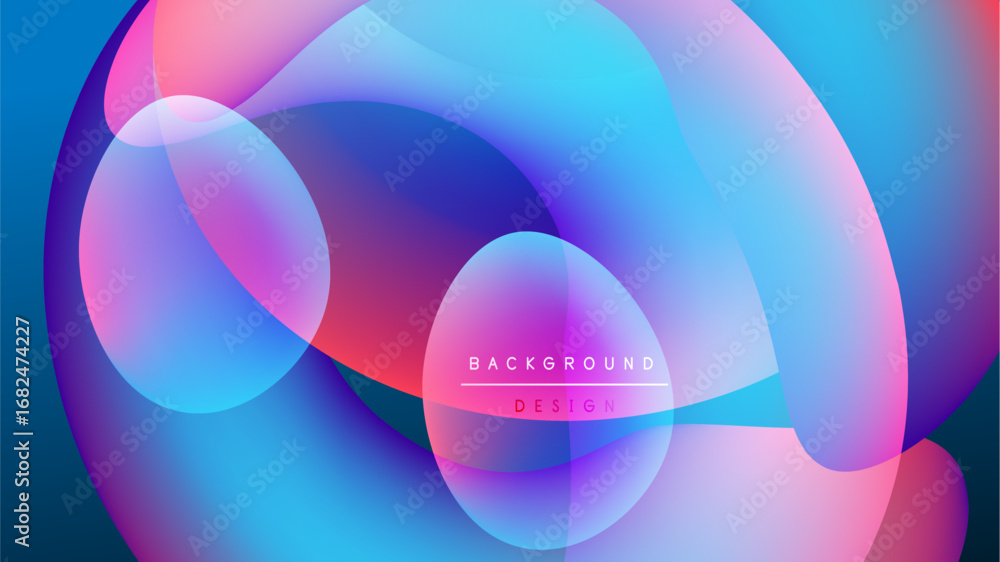 Poster abstract fluid shapes overlap, creating vibrant color gradients. background features soft blues, pin