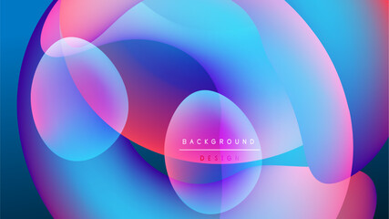 Abstract fluid shapes overlap, creating vibrant color gradients. Background features soft blues, pinks, purples against dark space. Design elements suggest motion.
