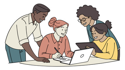 Diverse team collaborating on project using laptop and tablet people collaboration