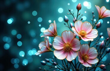 Fototapeta premium Pink and white flowers with delicate petals and yellow centers against a bokeh background of glowing blue lights