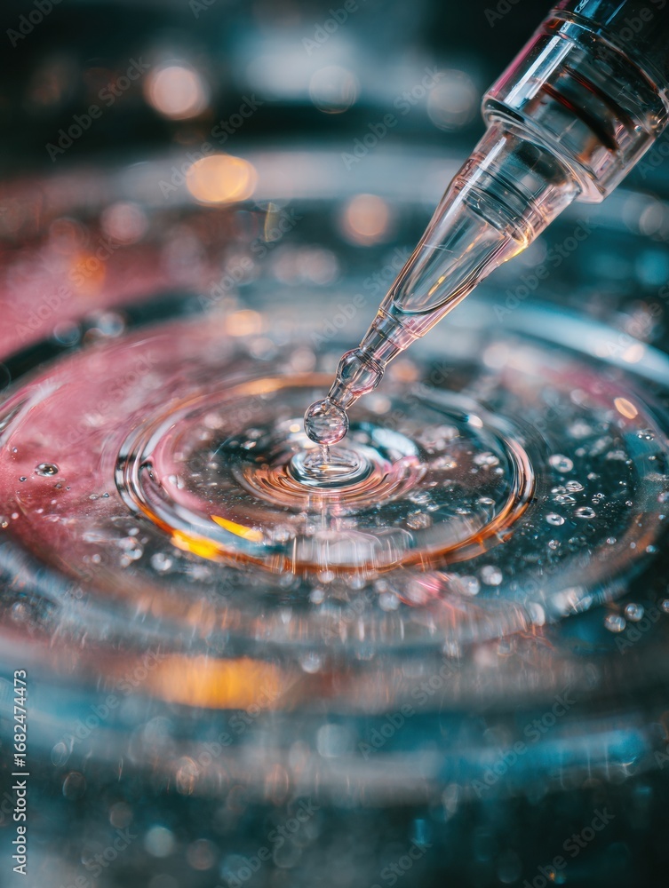Poster high precision dropper injecting liquid into water featuring colorful reflections in the background 