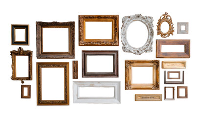 Collection of antique picture frames in various shapes and sizes, arranged in a cluster against a black background.  