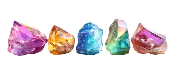 Pack Collection Vibrant Gemstone Collection Rainbow Quartz Crystals set against transparent background