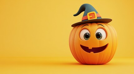 Cute halloween pumpkin wearing a witch hat with a happy smile on a yellow background studio