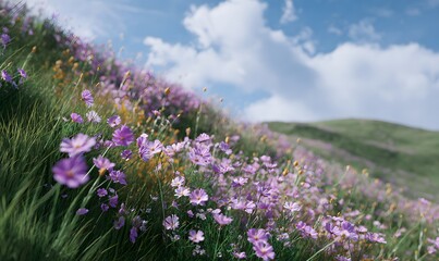 Obraz premium the vast grassland is covered with colorful flowers, pink haze fills the air