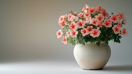 Flower Pot on Soft Light Gray Gradient Background: Large Textured White Pot with 5-Petal Pink-Coral Flowers & Green Leaves