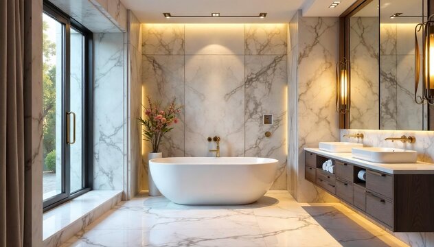 Luxurious bathroom design featuring a freestanding tub, marble accents, and elegant lighting Perfect for interior design, home decor, and spa-like atmosphere inspiration , bathroom decor, bathtub