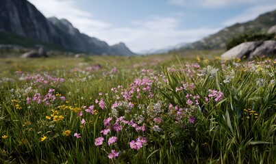 Obraz premium the vast grassland is covered with colorful flowers, pink haze fills the air