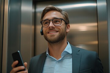 Smiling young male businessman standing in an office space, calling an elevator and using a mobile phone, depicting a busy and efficient professional at work, Generative AI