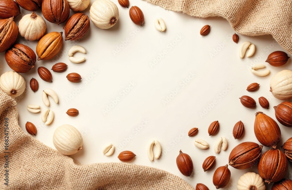 Poster a variety of nuts arranged on a soft fabric with empty space for text
