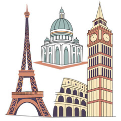 Obraz premium Iconic global landmarks in warm colors eiffel tower colosseum