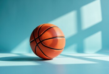 Fototapeta premium Basketball resting on a smooth surface with natural light casting shadows and highlights