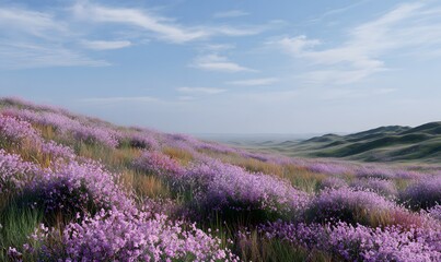 Obraz premium the vast grassland is covered with colorful flowers, pink haze fills the air