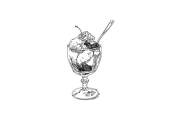 A detailed line drawing of a dessert sundae in a stemmed glass, featuring scoops of ice cream, berries, and a cherry, topped with a spoon