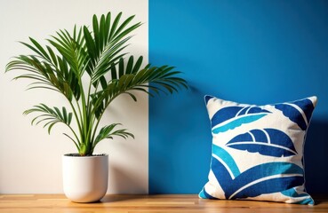 A potted palm plant and decorative cushion with leaf pattern on a wooden surface