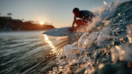 Surfer riding a wave at sunset, water splashing around, showcasing dynamic movement and energy, capturing the thrill of surfing in a coastal environment