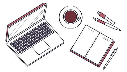 Laptop notebook coffee pens on white coffee cup desk