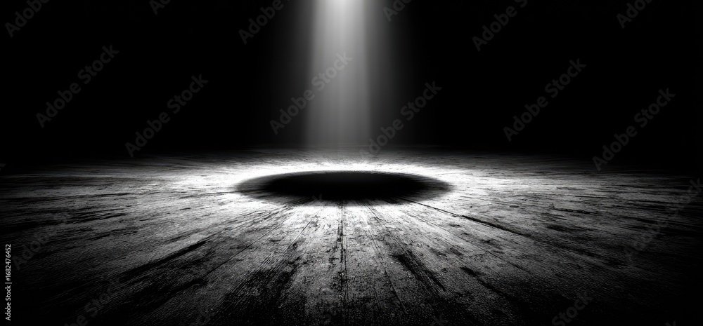 Poster a dramatic grayscale image displays a spotlight centered on a circular void in a textured surface, e