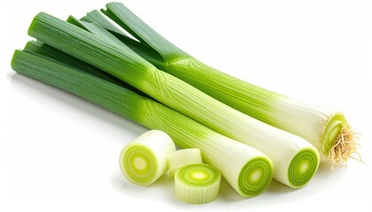 Three fresh leeks lie with sliced pieces on a bright white surface, showing the white and green layered stalk and vibrant leaves