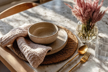 Elegant table setting featuring textured ceramic bowls, woven placemats, soft towels, and a glass vase with dried flowers, creating a warm and inviting dining atmosphere