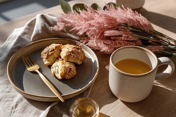 Freshly baked scones on a rustic plate beside a cup of tea, with soft pink flowers and a cozy linen napkin, creating a warm and inviting breakfast scene
