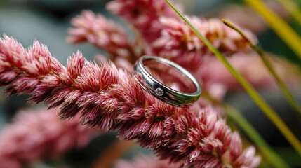 Silver ring with a small diamond is elegantly placed on a vibrant pink flower, showcasing intricate details of both the jewelry and the natural beauty surrounding it