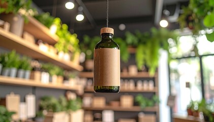 A rustic bottle of red wine elegantly suspended from a wooden beam ceiling, casting soft shadows, surrounded by warm ambient lighting and cozy decor.