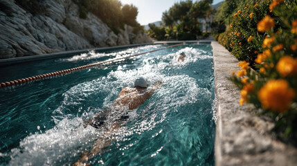 Swimmers in a clear pool, performing freestyle strokes, with splashes of water and vibrant flowers lining the edge, showcasing athleticism and outdoor activity