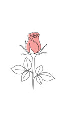 A delicate pink rosebud with elegant thin line art stem and leaves on a pure white background a simple and beautiful floral illustration