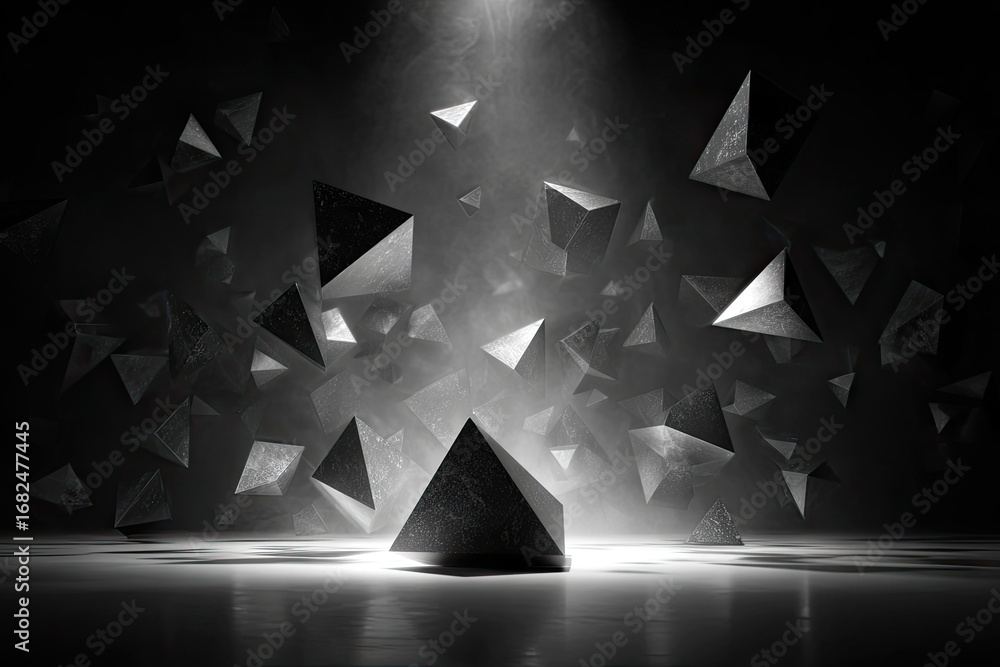 Poster a dramatic, grayscale image showcases a scene filled with numerous triangular shapes, creating an ab