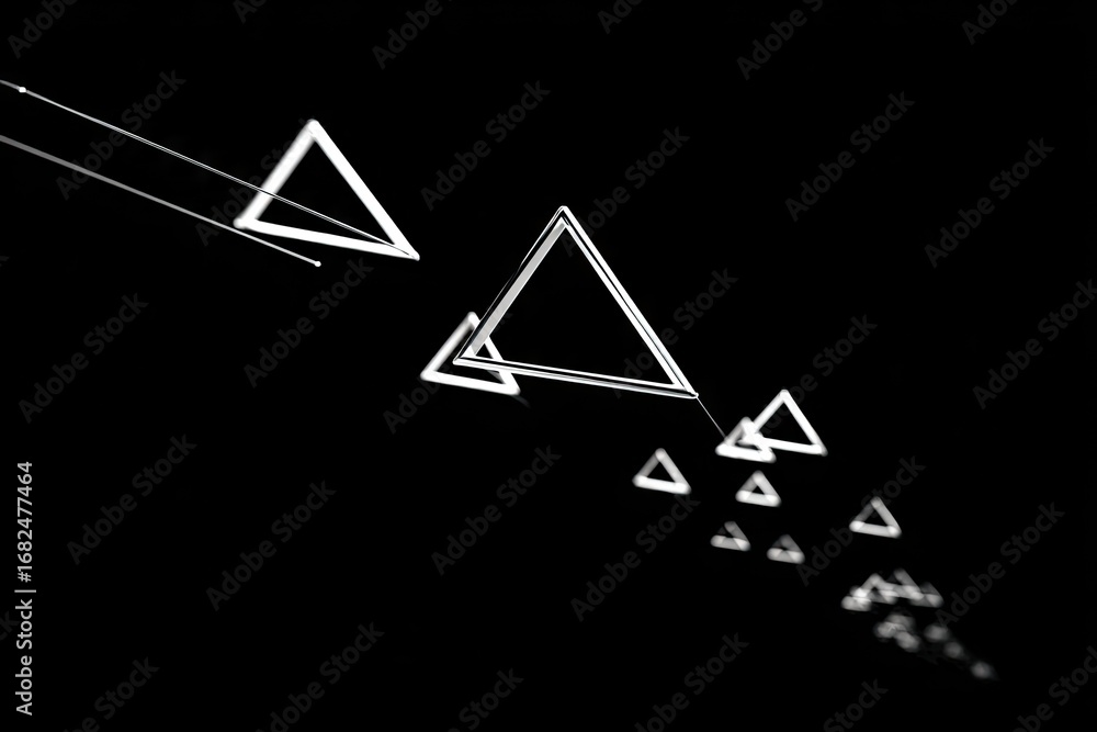 Poster a dynamic graphic design featuring numerous triangles in a flowing, descending pattern against a bla
