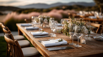 Elegant outdoor dining setup featuring a beautifully arranged wooden table adorned with floral centerpieces, glassware, and cutlery, creating a serene atmosphere for gatherings