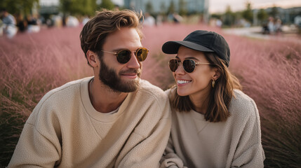 Young couple, smiling and wearing sunglasses, enjoying a sunny day outdoors, surrounded by pink grass, showcasing love and connection in a vibrant atmosphere