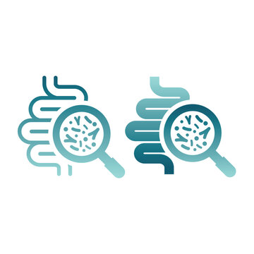 Intestines with microbiota vector icon. Guts or intestine and bowels with bacterium or microflora an magnifying glass.