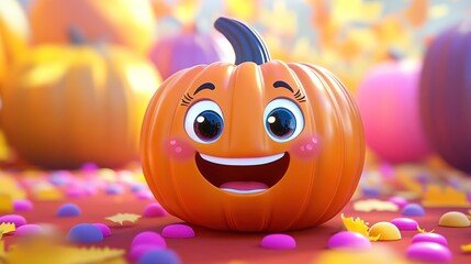 Cheerful cartoon pumpkin with big eyes and a happy smile surrounded by colorful confetti