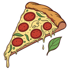 Pepperoni mushroom pizza slice with dripping cheese and basil leaf vector
