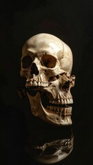 A human skull, bone-colored, sits on a reflective black surface, casting a faint mirror image in the dramatic, low-key lighting. Dark background