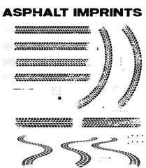 Fototapeta premium Tire tread marks after skidding, launch, drift, powerslide in motorsport, rally, off-road, motocross. Tread mark with skidding, sanding, dirty mark on asphalt. Wheel texture with splash effect. Vector