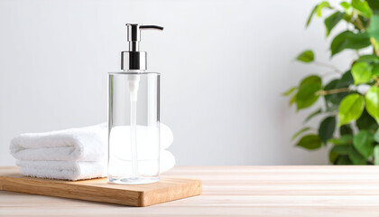 Clear Pump Bottle with White Towels and Green Plant, Relaxing Bathroom Ambiance