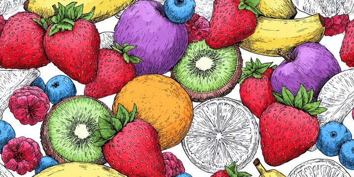 Vibrant fruit illustrations in a colorful and detailed repeating pattern.