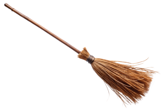 Classic witch's broomstick isolated on black for magical halloween and fantasy themes transparent background