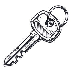 Single house key with metal ring on white background security access