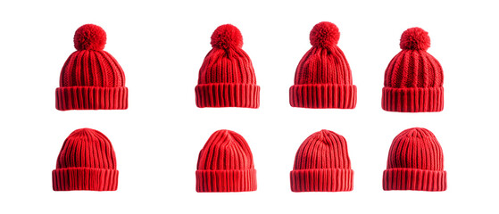 Pack Collection Red Knit Winter Hats PomPom Beanies Perfect for Cold Weather set against transparent background