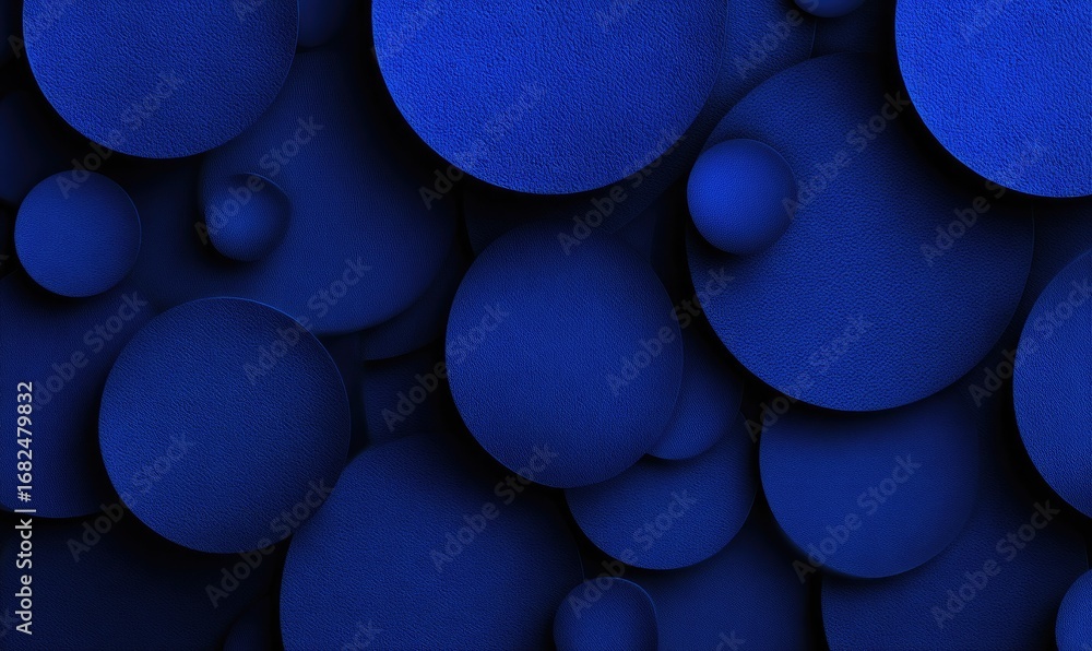 Poster a vibrant, deep blue abstract design features overlapping circles in various sizes, creating a textu