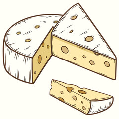 Whole cheese wheel wedge and slice with holes dairy food