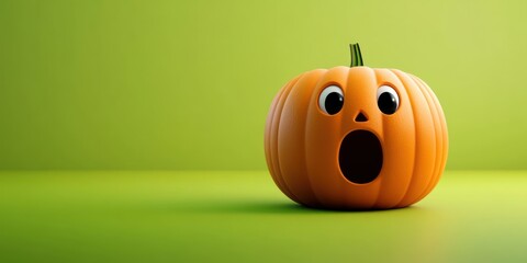 Cartoon halloween pumpkin with a surprised expression on a green background for fall season