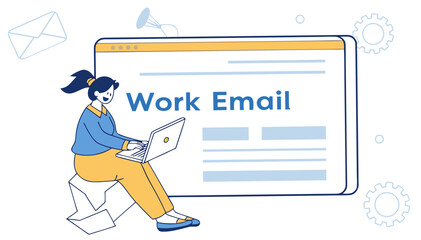 Woman working on laptop with email on white background technology