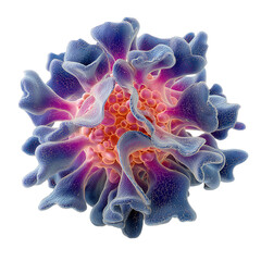 A detailed microscopic view of a dendritic cell with blue and pink extensions around it isolated on transparent background