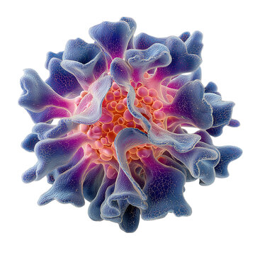 A detailed microscopic view of a dendritic cell with blue and pink extensions around it isolated on transparent background