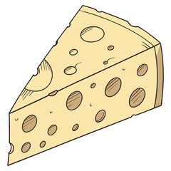 Yellow cheese wedge with holes on white background dairy food